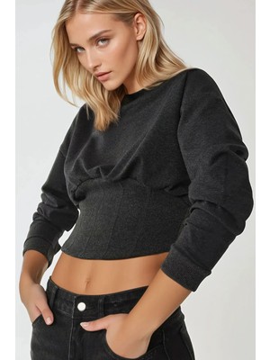 Hiccup Kadın Dar Kesim Korseli Bisiklet Yaka Örme Sweatshirt Kömür Grisi