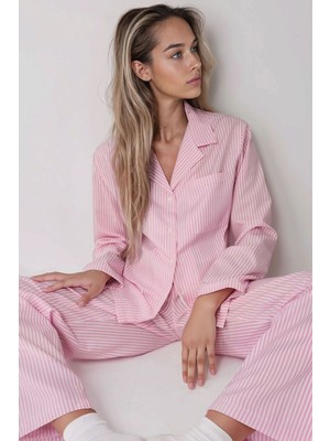 Hiccup Kadın Çizgili Pamuklu Pijama Takımı Pembe