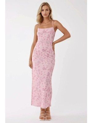 Hiccup Kadın Kare Yaka Baskılı Tül Maxi Elbise Parlak Pembe