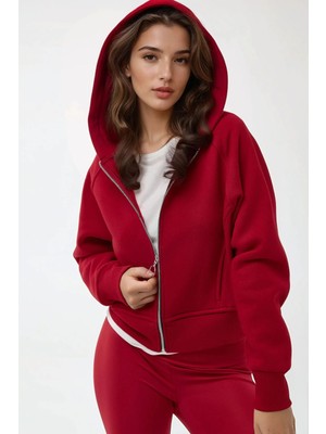 Hiccup Kadınlar Rahat Kesim Kapüşonlu Fermuarlı Hoodie Kırmızı