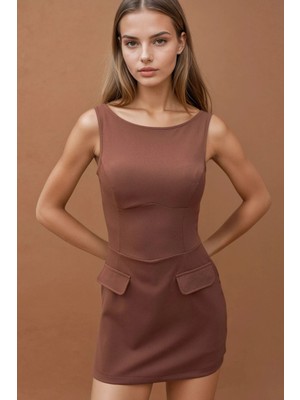 Hiccup Kadın İçi Şortlu Cep Kapaklı Dar Mini Elbise Mocha Kahvesi