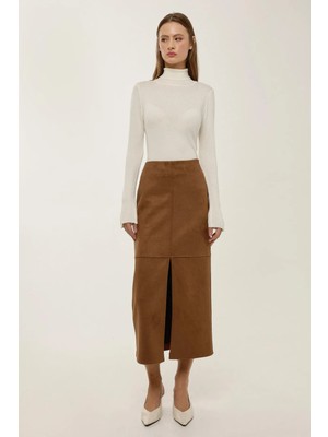 Hiccup Kadın Yırtmaçlı Midi Süet Etek Kestane Kahvesi