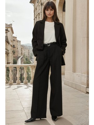 Hiccup Kadın Wide Leg Pileli Pantolon Siyah