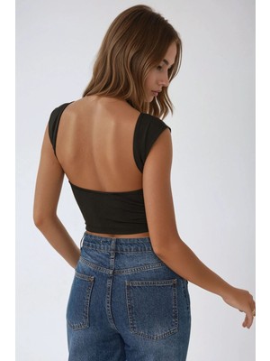 Hiccup Kadın Sırtı Açık Viskon Bisiklet Yaka Crop Top Siyah