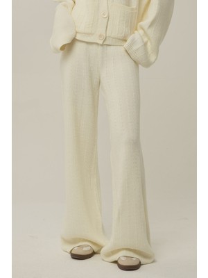 Hiccup Kadın Dokulu Wide Leg Triko Pantolon Fildişi Doğal