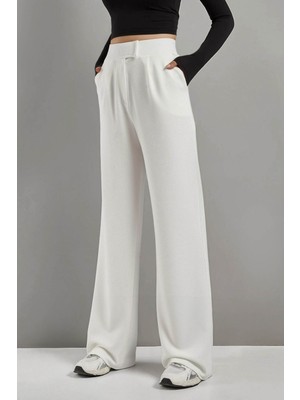 Hiccup Kadın Yüksek Bel Likralı Cırt Kapamalı Krep Palazzo Pantolon Beyaz