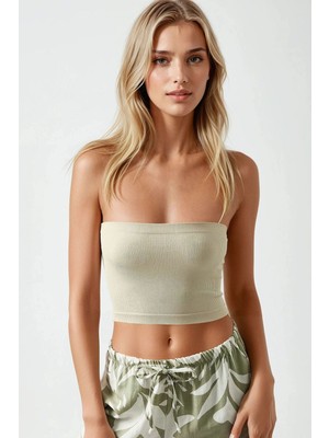 Hiccup Kadın Slim Fit Straplez Kısa Üst Bej Doğal