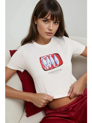 Hiccup Kadınlar Baskı Detaylı Regular Fit Bisiklet Yakalı %100 Pamuklu Crop T-shirt Buz Mavisi