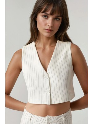 Hiccup Kadınlar Pika Collection Fitted Striped Crop Yelek Beyaz