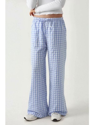 Hiccup Kadın Geniş Paça Ekose Kareli Pantolon Bebek Mavisi