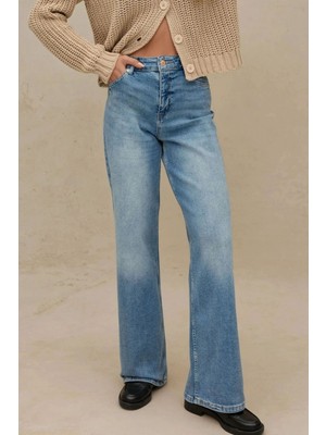 Hiccup Kadınlar Geniş Paça Esnek Kot Pantolon Orta Mavi Denim