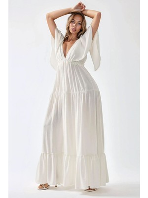Hiccup Kadın V Yaka A form Uzun Maxi Elbise Beyaz