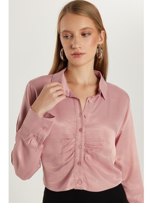 Kadın Slim Fit Dar Kesim Uzun Kollu  klasik Yaka Gül Kurusu Gömlek