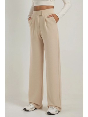 Hiccup Kadınlar Yüksek Bel Likralı Cırt Kapamalı Krep Palazzo Pantolon Bej Doğal