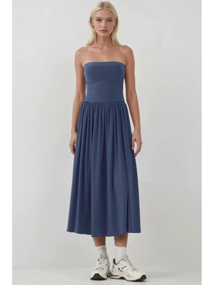 Hiccup Kadın Çift Kullanımlı(Elbise/Etek) Esnek Straplez Sandy Elbise Oxford Mavisi