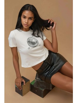 Hiccup Kadın Baskı Detaylı Regular Fit Bisiklet Yakalı %100 Pamuklu Crop T-shirt Gümüş Gri