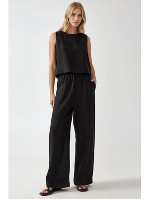 Hiccup Kadın Keten Görünümlü Bluz & Beli Lastikli Pantolon İkili Takım Siyah