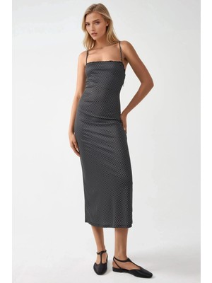 Hiccup Kadın Kare Yaka Dantel Detaylı Puantiyeli Maxi Elbise Siyah