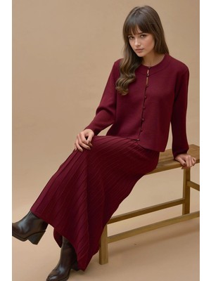 Hiccup Kadın Düğmeli Hırka ve Kloş Etekli Triko Takım Bordo Kırmızı