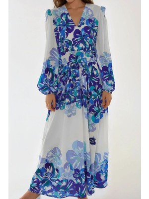 Hiccup Kadınlar V Yaka Desenli Modest Elbise Mavi