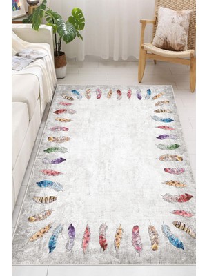 Dijital Baskılı Tüy Desenli Dekoratif Kaymaz Taban Yıkanabilir Salon Halısı Yolluk