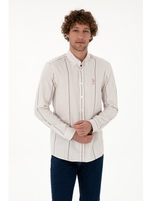 U.S. Polo Assn. Erkek Koyu Bej Slim Fit Uzun Kollu Gömlek Desenli Trend