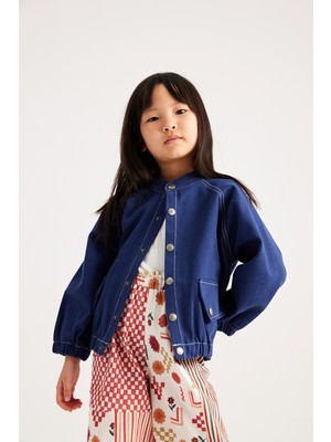 Marvy Kids Unisex Indigo Bomber Ceket Uzun Kol Pamuk Kumaş Düz Desenli Günlük Stil