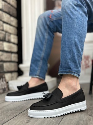 BOA BA0154  Bağcıksız Yüksek Taban Keten Siyah Renk Püsküllü Erkek Ayakkabı