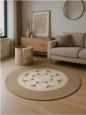 Jutella Hasır Krem Ortası Kurabiyeli Jüt Hasır Yuvarlak Modern Salon Banyo Kilim Halı Paspas Yolluk