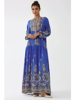 Hiccup Kadın Baskılı Uzun Kol Viskon Modest Elbise Fas Mavisi