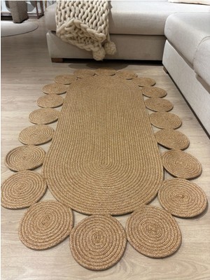 Oval Papatya Hasır Jüt Çiçek Desenli Kilim Halı