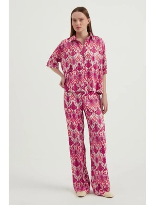 Hiccup Kadınlar Dökümlü Kısa Kollu Saten Boho Gömlek Macenta Pembesi