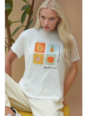 Hiccup Kadın Baskı Detaylı Regular Fit Bisiklet Yakalı %100 Pamuklu T-shirt Çok Renkli