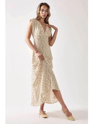 Hiccup Kadın Çiçek Desenli V Yaka Viskon Midi Elbise Çok Renkli