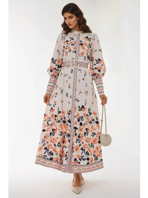 Hiccup Kadın Baskılı Uzun Kol Kemerli Modest Elbise Çok Renkli