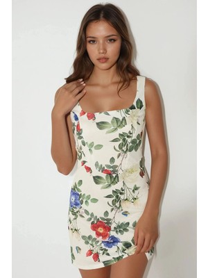 Hiccup Kadın Kare Yaka ve Çiçekli Desenli Bodycon Mini Elbise Çok Renkli