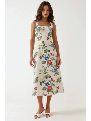 Hiccup Kadın Keten Görünümlü Çiçek Desenli Arkası Gipeli Maxi Elbise Çok Renkli