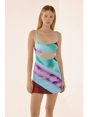 Hiccup Kadın Pencere Detaylı Renkli Mini Elbise Çok Renkli