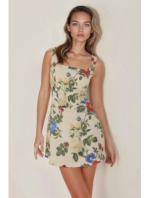Hiccup Kadın Kare Yaka Çiçek Desenli Keten Görünümlü Mini Elbise Çok Renkli