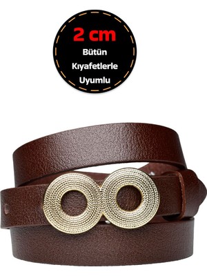 %100 Hakiki Deri, Gold Renk Tokalı 2 cm Koyu Kahverengi Kadın Kemeri; Elbise, Pantolon Kemeri_gözov