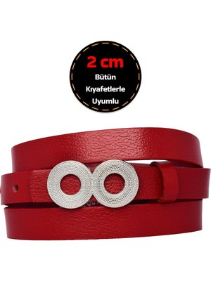 %100 Hakiki Deri, Gümüş Renk Tokalı Ince 2 cm Kırmızı Kadın Kemeri; Elbise, Pantolon Kemeri Göz.oval