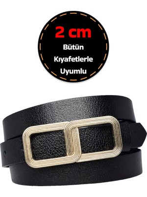 %100 Hakiki Deri, Gold Renk Tokalı Ince 2 cm Siyah Kadın Kemeri; Elbise, Pantolon Kemeri_gözlük