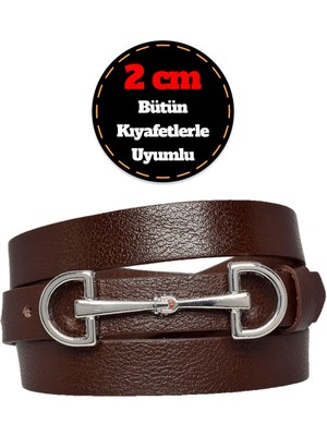 %100 Hakiki Deri, Gümüş Tokalı Ince 2 cm Koyu Kahverengi Kadın Kemeri; Elbise, Pantolon Kemerid&d