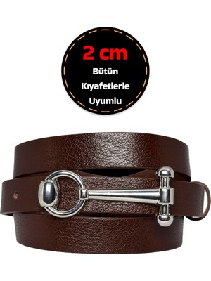 %100 Hakiki Deri, Gümüş Tokalı Ince 2 cm Koyu Kahverengi Kadın Kemeri; Elbise, Pantolon Kemeri_anht