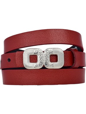 %100 Hakiki Deri, Gümüş Renk Tokalı Ince 2 cm Kırmızı Kadın Kemeri; Elbise, Pantolon Kemeri Dikdört