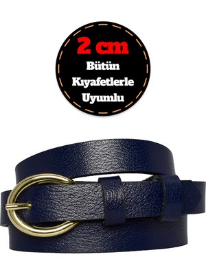 %100 Hakiki Deri, Gold Renk Tokalı Ince 2 cm Lacivert Kadın Kemeri; Elbise, Pantolon Kemeri_boval