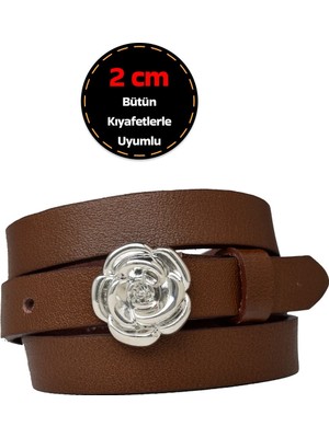 %100 Hakiki Deri, Gümüş Tokalı Ince 2 cm Açık Kahverengi Kadın Kemeri; Elbise, Pantolon Kemeri_gül