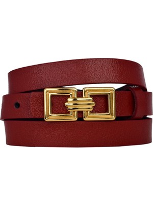 %100 Hakiki Deri, Gold Renk Tokalı Ince 2 cm Kırmızı Kadın Elbise, Pantolon Kemeri; Kare+Kare