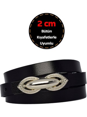 %100 Hakiki Deri, Gümüş Tokalı Ince 2 cm Siyah Kadın Elbise, Pantolon Kemeri; Orta.tümsek