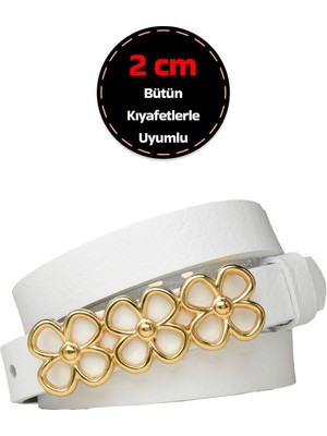 %100 Hakiki Deri, Gold Renk Tokalı Ince 2 cm Süt Beyaz Kadın Kemeri; Elbise, Pantolon KEMERI_3LÜÇÇEK